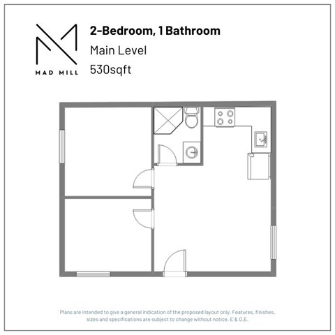 Floor plan for 2 beds, 1 bath, 530 sqft